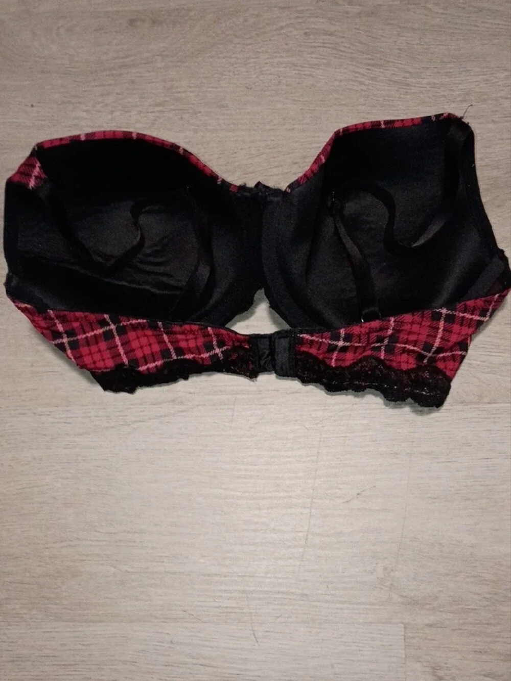 Red Plaid Push-Up Bra with Black Lace Trim